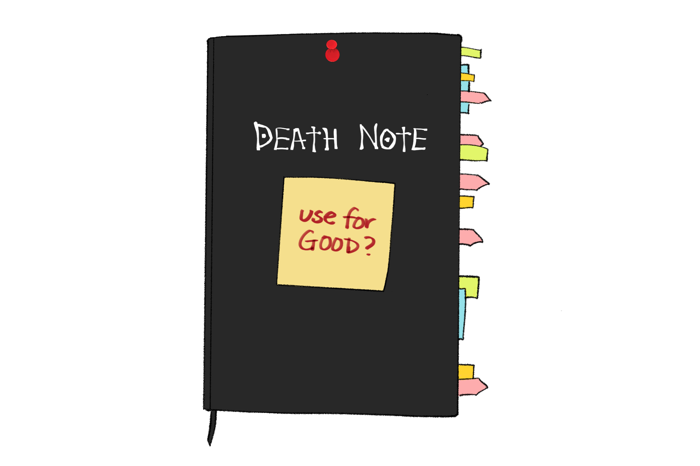 Digital illustration of the Death Note with annotation tabs sticking out of it