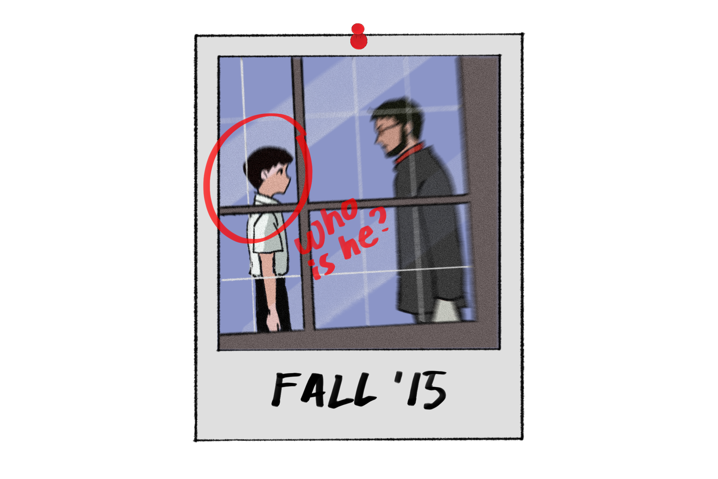 digital illustration of a polaroid featuring a blurry photo of Shinji Ikari and Gendoh Ikari talking to each other behind a window; Shinji is circled with red sharpie and labelled “who is he?” with a caption reading “Fall ’15" at the bottom of the polaroid