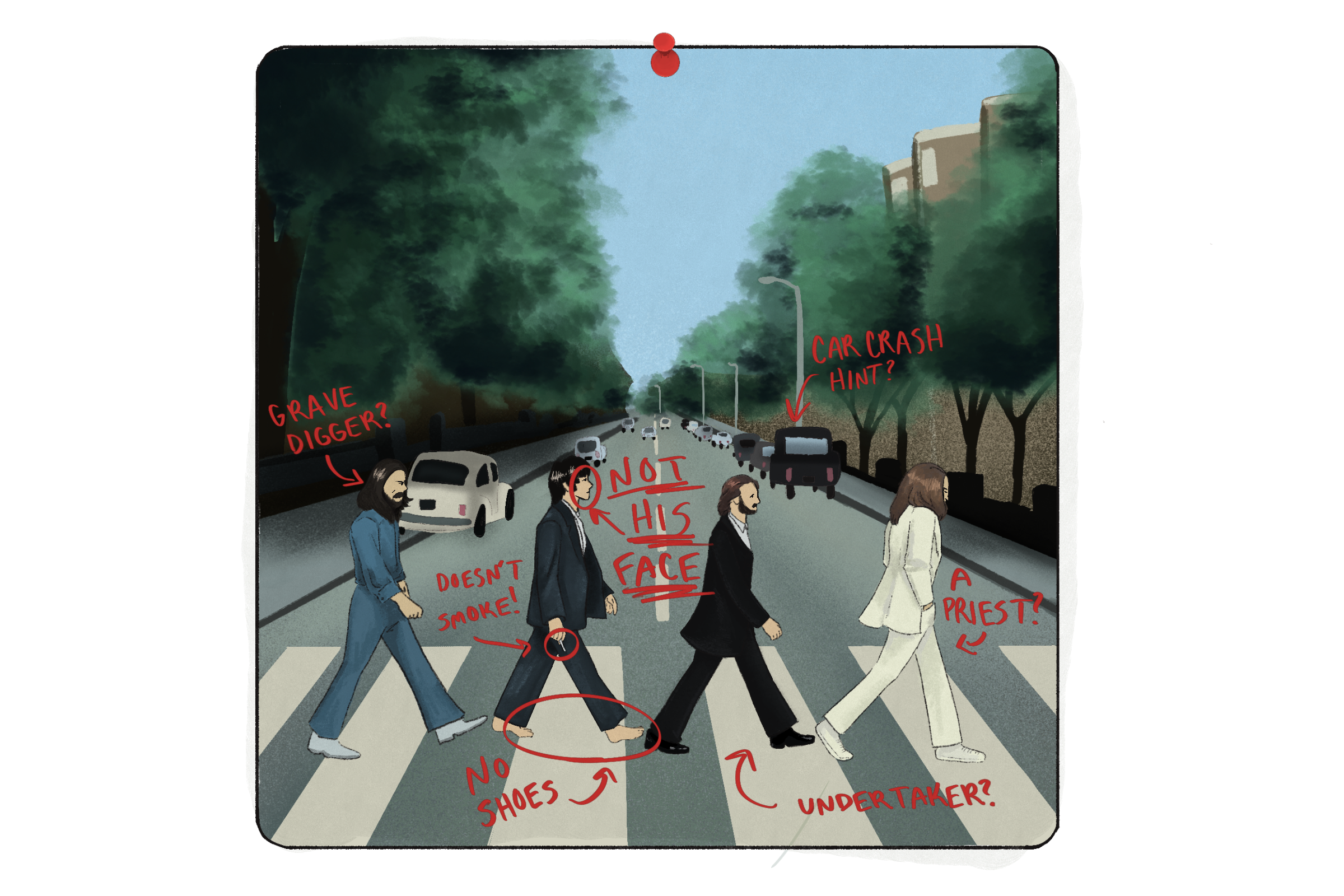 Illustration of the cover of Abbey Road pinned up. The cover is marked in red ink circling sections and writing the notes "not his face", "doesn't smoke", "car crash hint?," "no shoes", "grave digger?", "a undertaker?", and "a priest?" referring to various parts.